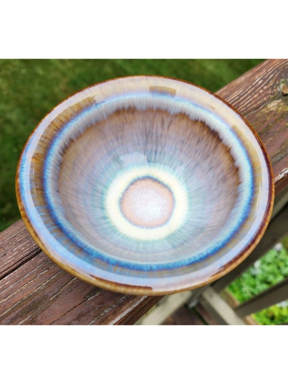 Bill Campbell Studio Art Pottery 5" Rimmed Bowl Blue Green Flambeaux Drip Glaze